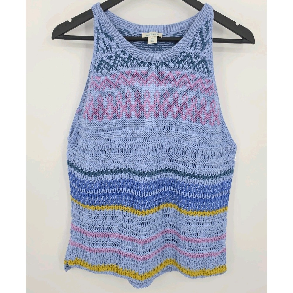 Sundance Novara Crochet Knit Sweater Tank Top XL Fair Isle Cottage Periwinkle